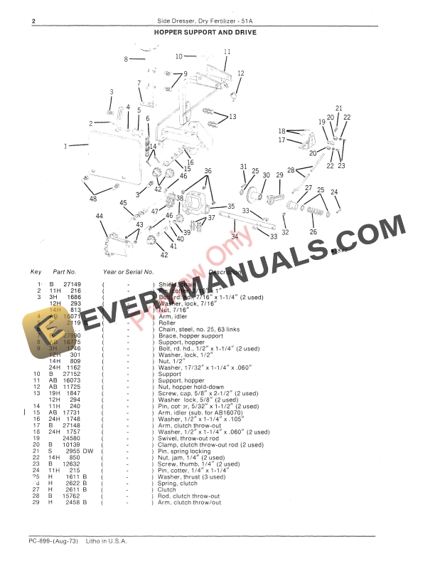 John Deere 51A Dry Fertilizer Side Dresser Parts Catalog PC899 01AUG73-4