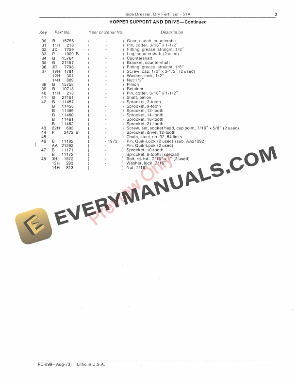 John Deere 51A Dry Fertilizer Side Dresser Parts Catalog PC899 01AUG73-5