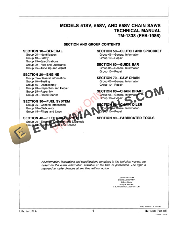 John Deere 51SV 55SV and 65SV CHAIN SAW Technical Manual TM1338 01FEB86 3