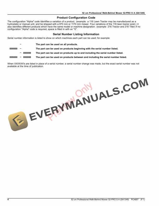 John Deere 52 cm Professional Walk-Behind Mower 52-PRO S A (SA1349) Parts Catalog PC4857 30NOV16-4