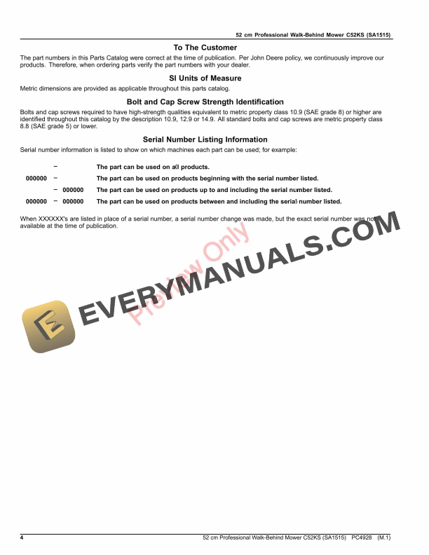 John Deere 52 cm Professional Walk-Behind Mower C52KS (SA1515) Parts Catalog PC4928 15OCT23 5 John Deere 52 cm Professional Walk-Behind Mower C52KS (SA1515) Parts Catalog PC4928 15OCT23-4