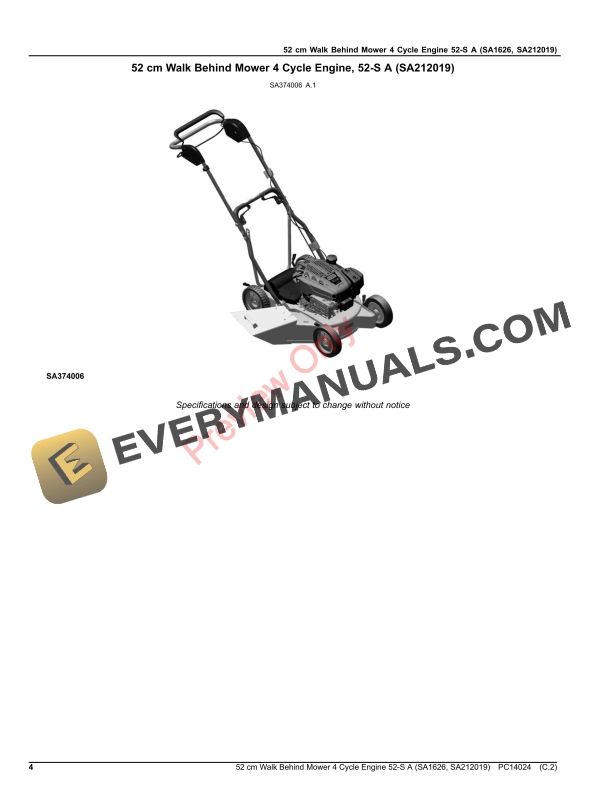 John Deere 52 cm Walk Behind Mower 4 Cycle Engine 52 Parts Catalog PC14024 25MAY22-4