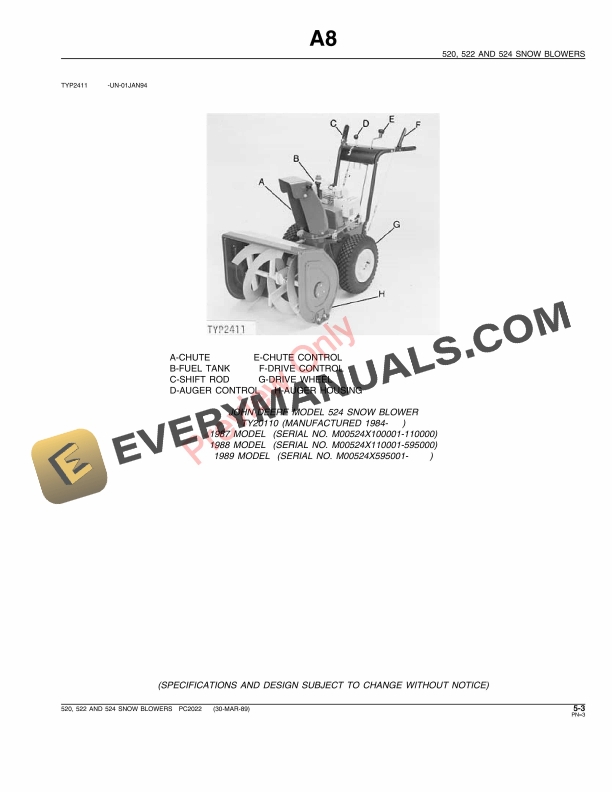 John Deere 520, 522, 524 Snow Blowers Parts Catalog PC2022 30MAR89-5