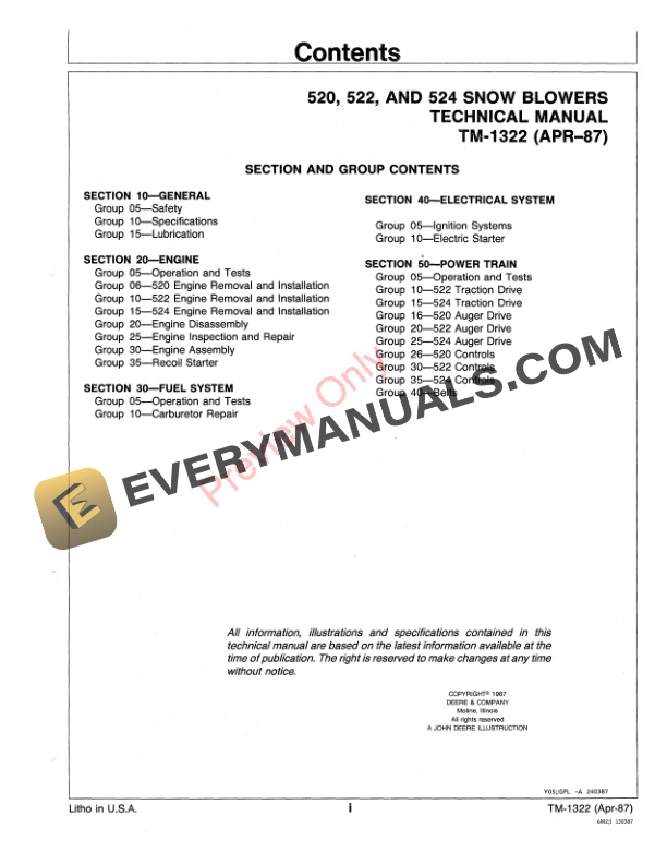 John Deere 520, 522 and 524 Snow Blower Technical Manual TM1322 01APR87 4 John Deere 520 522 and 524 Snow Blower Technical Manual TM1322 01APR87 3