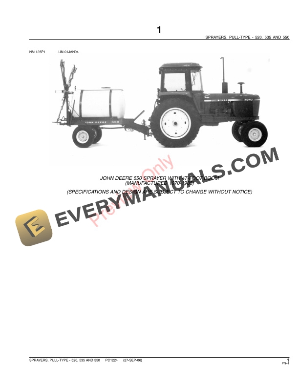 John Deere 520, 535, 550 Pull-Type Sprayers Parts Catalog PC1224 31MAY11-3