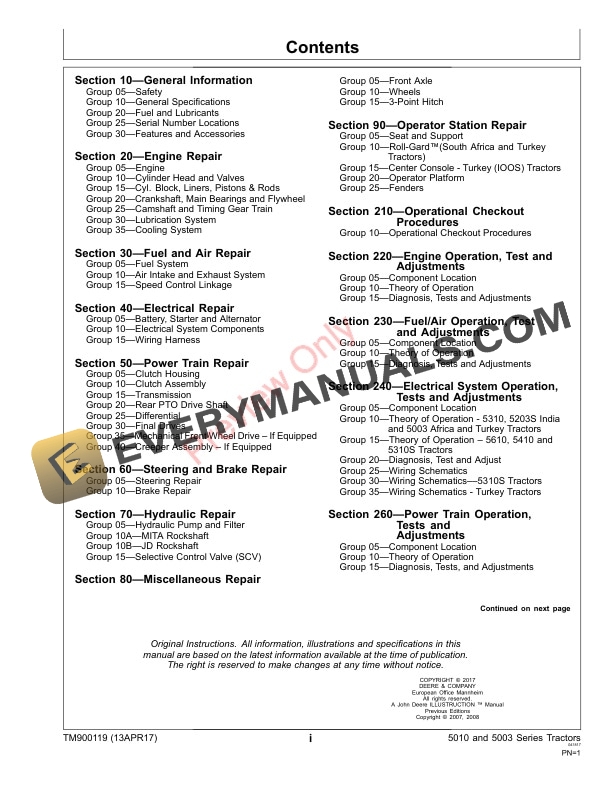 John Deere 5203S 5303 5403 5503 5310 5310S 5410 and 5610 Tractors Component Technical Manuals TM900119 13APR17 3