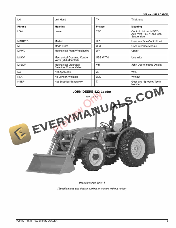 John Deere 522 AND 542 LOADER Parts Catalog PC9410 19MAY21-5