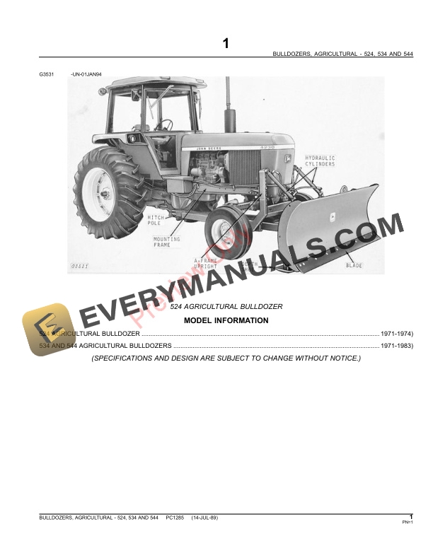 John Deere 524, 534, 544 Agricultural Bulldozers Parts Catalog PC1285 02JUN11-3