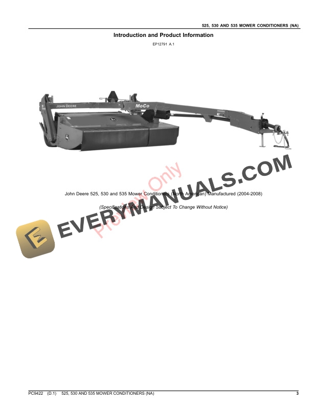 John Deere 525, 530 AND 535 SIDE PULL MOWER CONDITIONERS (NORTH AMERICAN VERSION) Parts Catalog PC9422 10OCT22-3