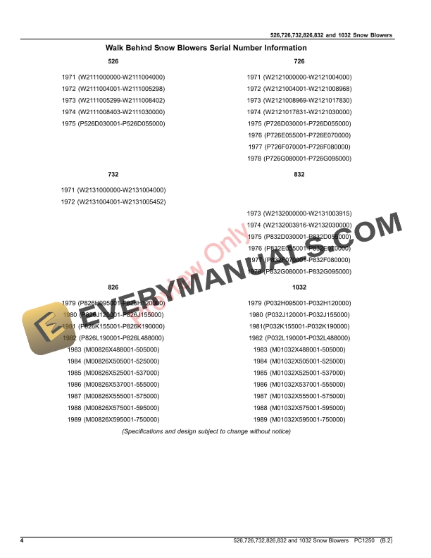 John Deere 526, 726, 732, 826, 832 and 1032 Walk-Behind Snow Blowers Parts Catalog PC1250 04AUG20 5 John Deere 526, 726, 732, 826, 832 and 1032 Walk-Behind Snow Blowers Parts Catalog PC1250 04AUG20-4