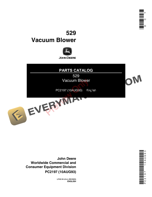 John Deere 529 Vacuum Blower Parts Catalog PC2197 10AUG93-1