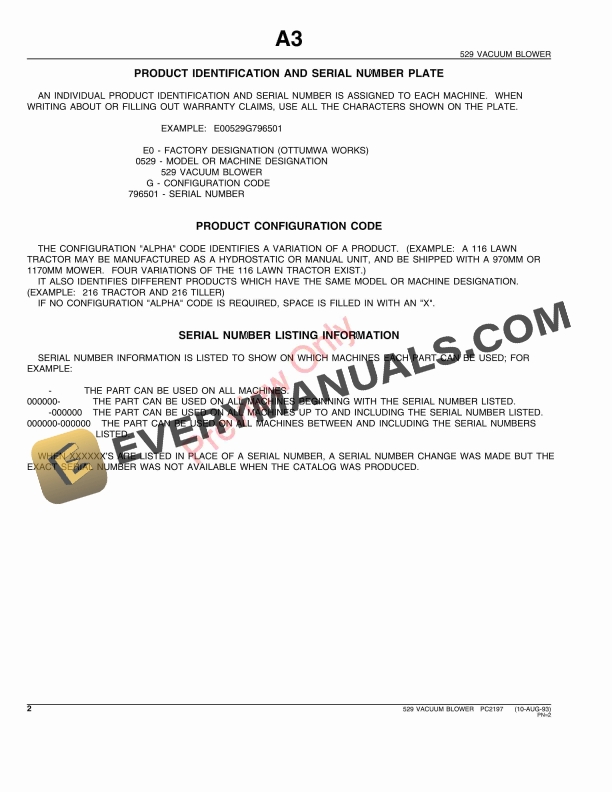 John Deere 529 Vacuum Blower Parts Catalog PC2197 10AUG93-4