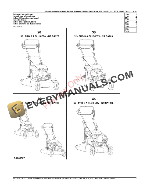 John Deere 52cm Professional Walk-Behind Mowers FJ180V,SA276,SA700,SA703,SA706,SA707,SA911,SA1006,SA34061,SA Parts Catalog PC4516 21MAR23-3
