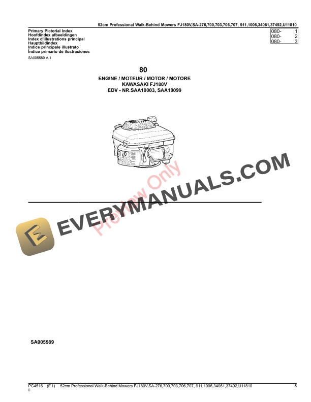 John Deere 52cm Professional Walk-Behind Mowers FJ180V,SA276,SA700,SA703,SA706,SA707,SA911,SA1006,SA34061,SA Parts Catalog PC4516 21MAR23-5