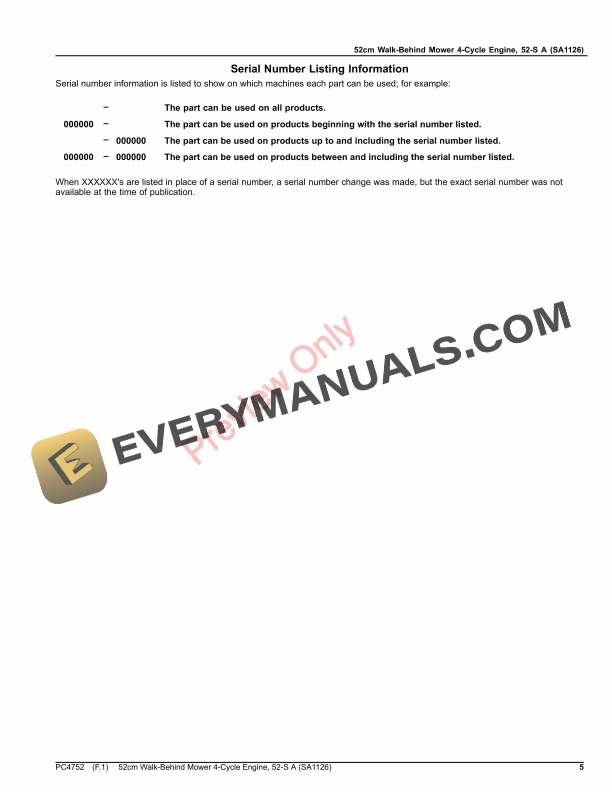 John Deere 52cm Walk-Behind Mower 4-Cycle Engine, 52-S A (SA1126) Parts Catalog PC4752 17JUL20-5