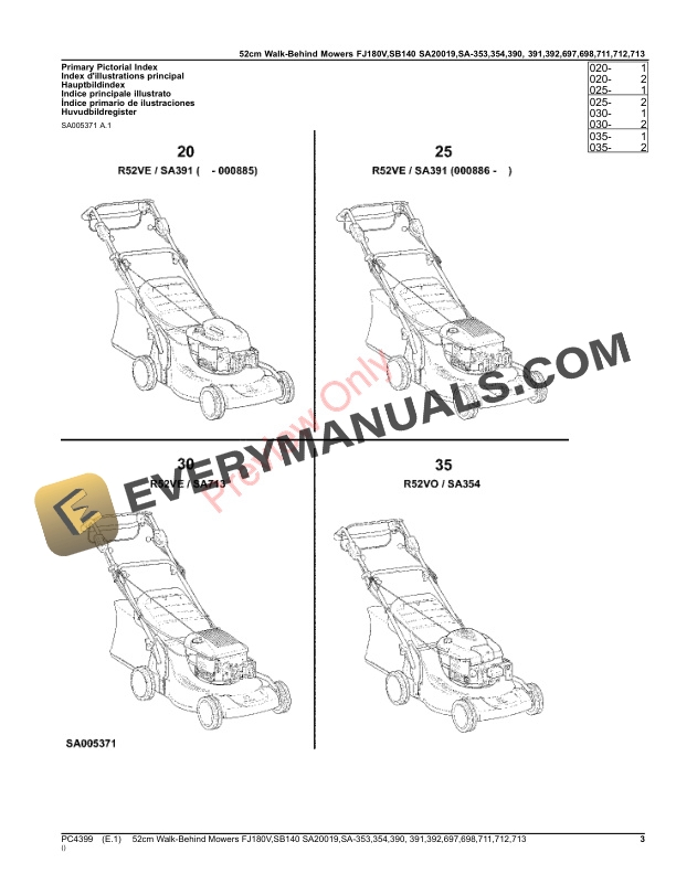 John Deere 52cm Walk-Behind Mowers 24-Cycle Engine FJ180V,SB140 SA20019,SA353,SA354,SA390,SA391,SA392,SA697 Parts Catalog PC4399 21MAR23-3