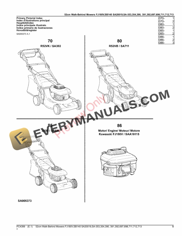 John Deere 52cm Walk-Behind Mowers 24-Cycle Engine FJ180V,SB140 SA20019,SA353,SA354,SA390,SA391,SA392,SA697 Parts Catalog PC4399 21MAR23-5