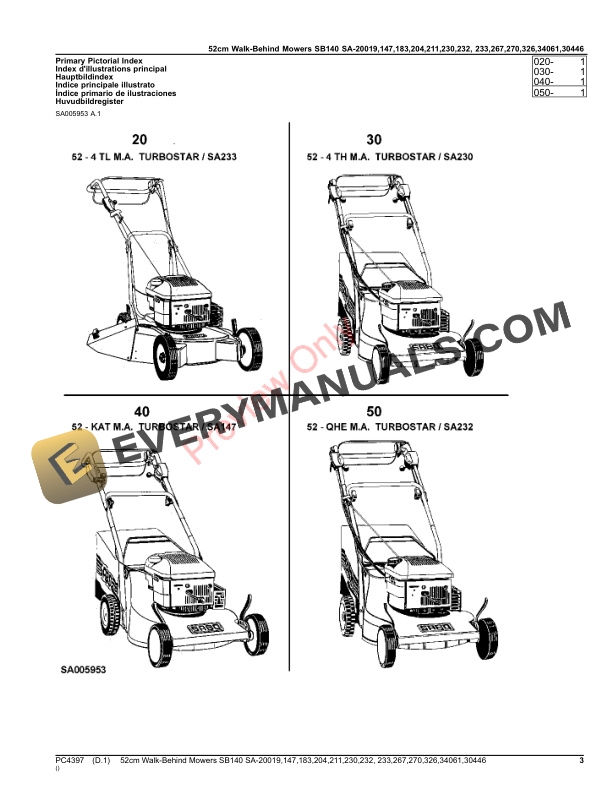 John Deere 52cm Walk-Behind Mowers 24-Cycle Engine SB140 SA20019,SA147,SA183,SA204,SA211,SA230,SA232,SA233, Parts Catalog PC4397 25MAY18 4 John Deere 52cm Walk-Behind Mowers 24-Cycle Engine SB140 SA20019,SA147,SA183,SA204,SA211,SA230,SA232,SA233, Parts Catalog PC4397 25MAY18-3