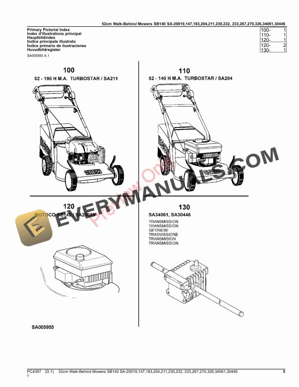 John Deere 52cm Walk-Behind Mowers 24-Cycle Engine SB140 SA20019,SA147,SA183,SA204,SA211,SA230,SA232,SA233, Parts Catalog PC4397 25MAY18 6 John Deere 52cm Walk-Behind Mowers 24-Cycle Engine SB140 SA20019,SA147,SA183,SA204,SA211,SA230,SA232,SA233, Parts Catalog PC4397 25MAY18-5