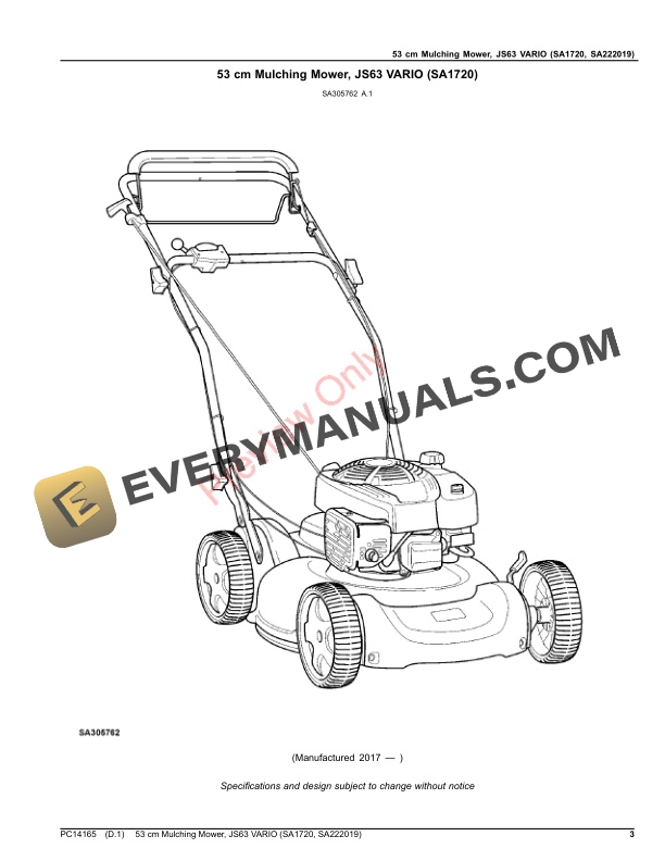 John Deere 53 cm Mulching Mower, JS63 VARIO (SA1720, SA222019) Parts Catalog PC14165 14OCT20-3