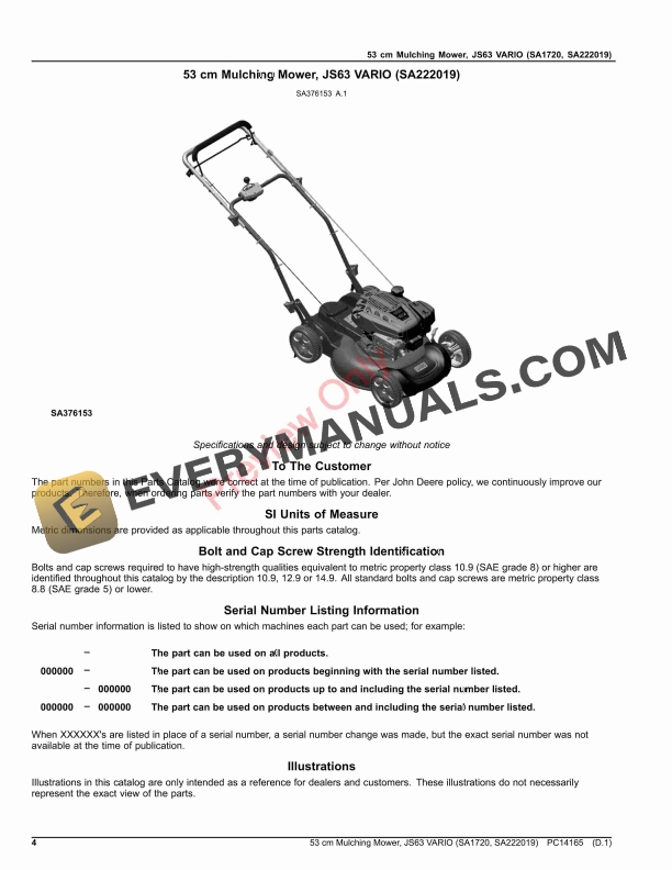 John Deere 53 cm Mulching Mower, JS63 VARIO (SA1720, SA222019) Parts Catalog PC14165 14OCT20-4