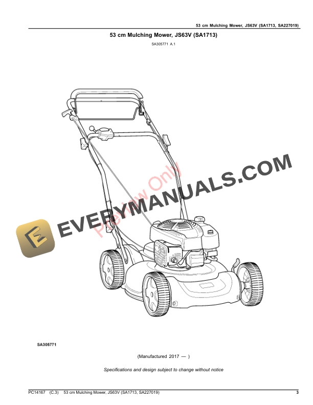 John Deere 53 cm Mulching Mower, JS63V (SA1713, SA227019) Parts Catalog PC14167 16SEP19-3