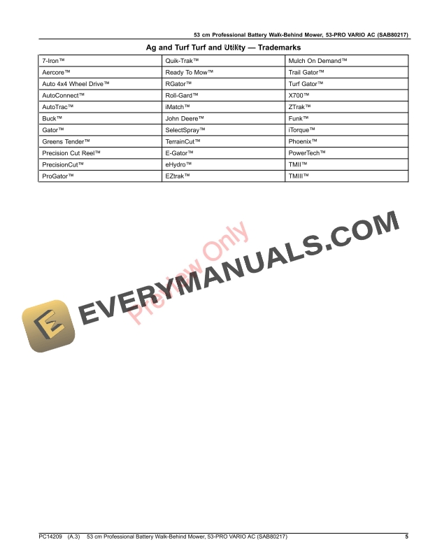 John Deere 53 cm Professional Battery Walk Parts Catalog PC14209 18AUG17 6 John Deere 53 cm Professional Battery Walk Parts Catalog PC14209 18AUG17-5
