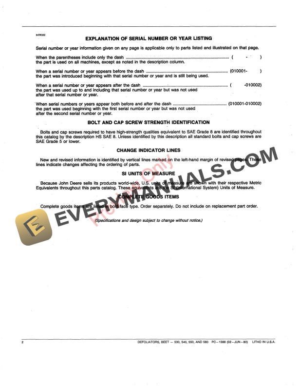 John Deere 530, 540, 550, 560 Beet Defoliators Parts Catalog PC1388 02JUN80-4