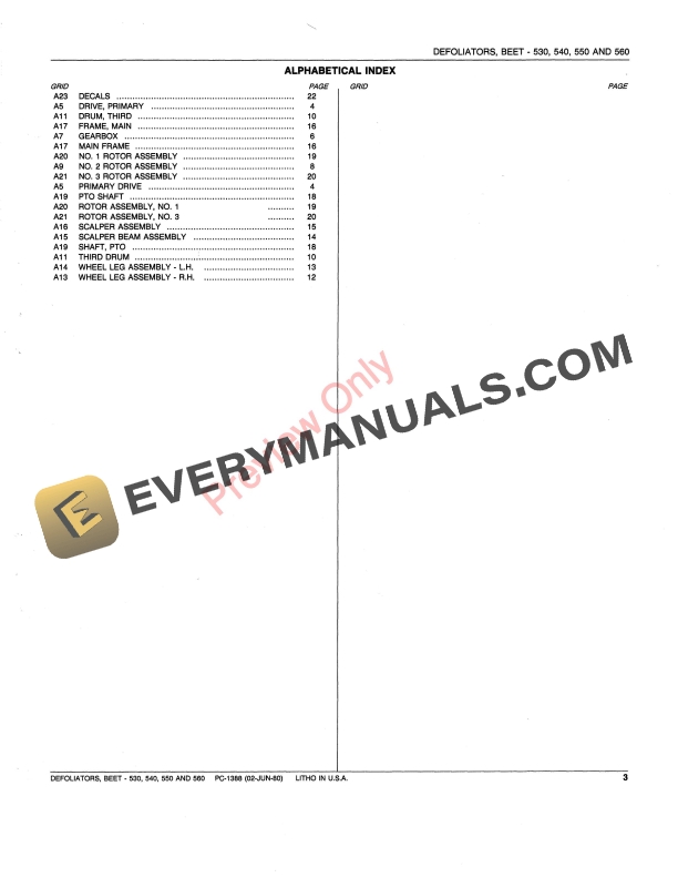 John Deere 530, 540, 550, 560 Beet Defoliators Parts Catalog PC1388 02JUN80-5