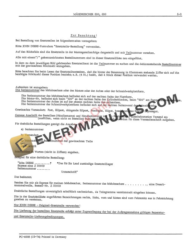 John Deere 530, 630 Combine Parts Catalog PC4008 01MAY78-5