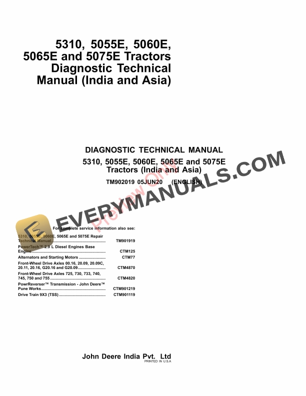 John Deere 5310, 5055E, 5060E, 5065E and 5075E Tractors Diagnostic Technical Manual TM902019 05JUN20-1