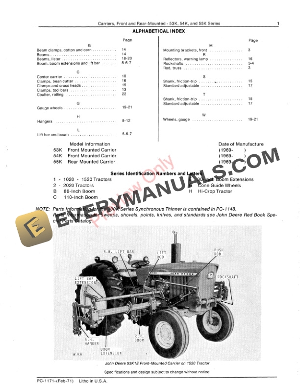 John Deere 53K 54K 55K Series Front and Rear Mounted Carriers Parts Catalog PC1171 01FEB71 3