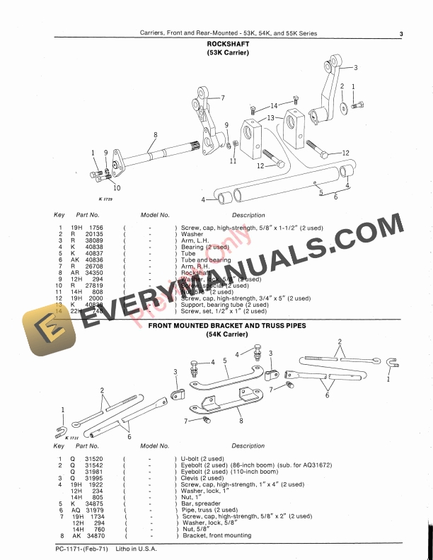 John Deere 53K 54K 55K Series Front and Rear Mounted Carriers Parts Catalog PC1171 01FEB71 5