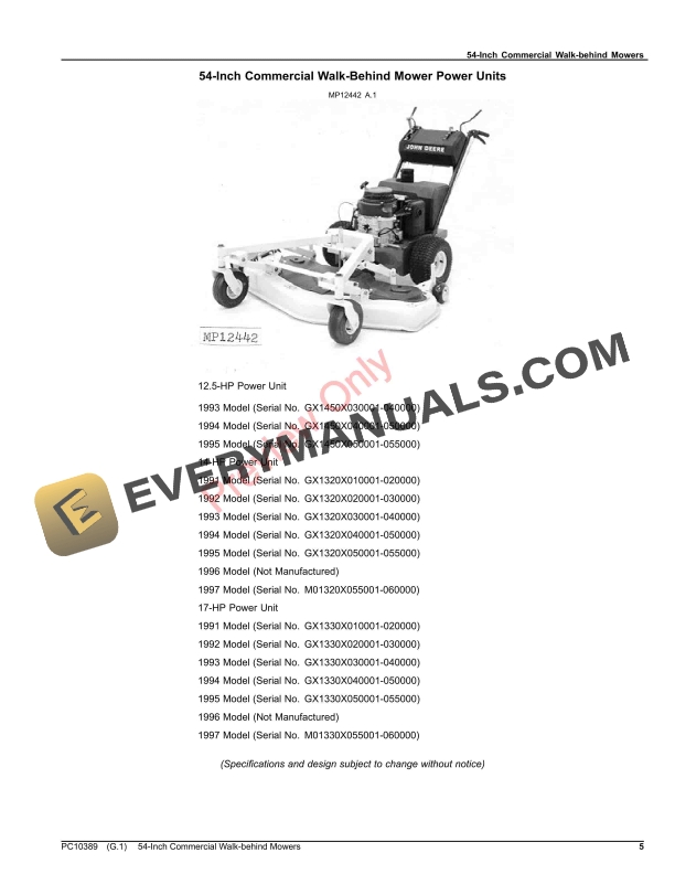 John Deere 54 INCH COMMERCIAL WALK BEHIND MOWER Parts Catalog PC10389 22SEP22 5