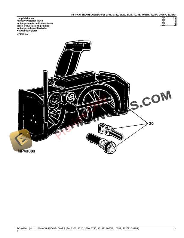 John Deere 54 INCH SNOWBLOWER For 2305 2320 2520 2720 1023E 1026R 1025R 2025R 2026R Parts Catalog PC10426 17MAY21 3
