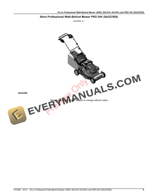 John Deere 54 cm Professional Walk-Behind Mower JX90C (SA1519, SA1851) and PRO 54V (SA327920) Parts Catalog PC4925 09NOV20-5