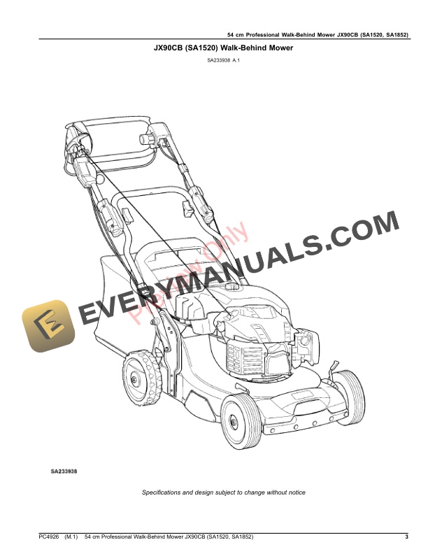 John Deere 54 cm Professional Walk-Behind Mower JX90CB (SA1520, SA1852) Parts Catalog PC4926 24JUL20-3