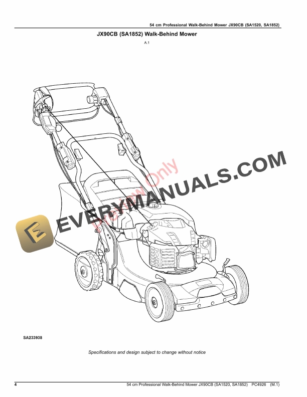 John Deere 54 cm Professional Walk-Behind Mower JX90CB (SA1520, SA1852) Parts Catalog PC4926 24JUL20-4