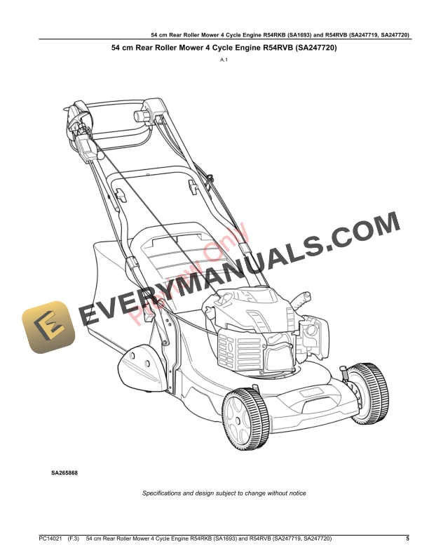 John Deere 54 cm Rear Roller Mower 4 Cycle Engine R54RKB (SA1693) and R54RVB (SA247719, SA247720) Parts Catalog PC14021 06NOV20-5