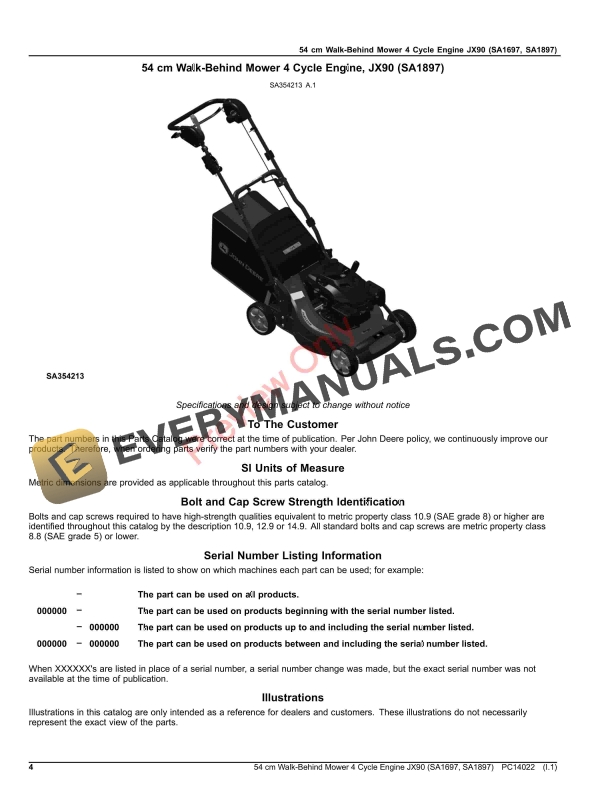 John Deere 54 cm Walk-Behind Mower 4 Cycle Engine JX90 (SA1697, SA1897) Parts Catalog PC14022 29AUG22 5 John Deere 54 cm Walk-Behind Mower 4 Cycle Engine JX90 (SA1697, SA1897) Parts Catalog PC14022 29AUG22-4