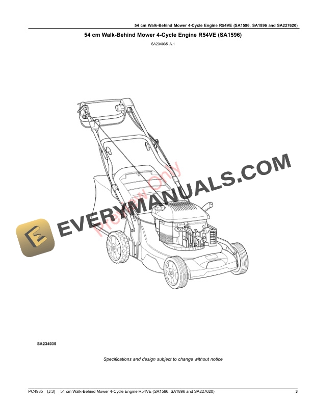 John Deere 54 cm Walk-Behind Mower 4-Cycle Engine R54VE (SA1596, SA1896 and SA227620) Parts Catalog PC4935 25SEP20 4 John Deere 54 cm Walk-Behind Mower 4-Cycle Engine R54VE (SA1596, SA1896 and SA227620) Parts Catalog PC4935 25SEP20-3