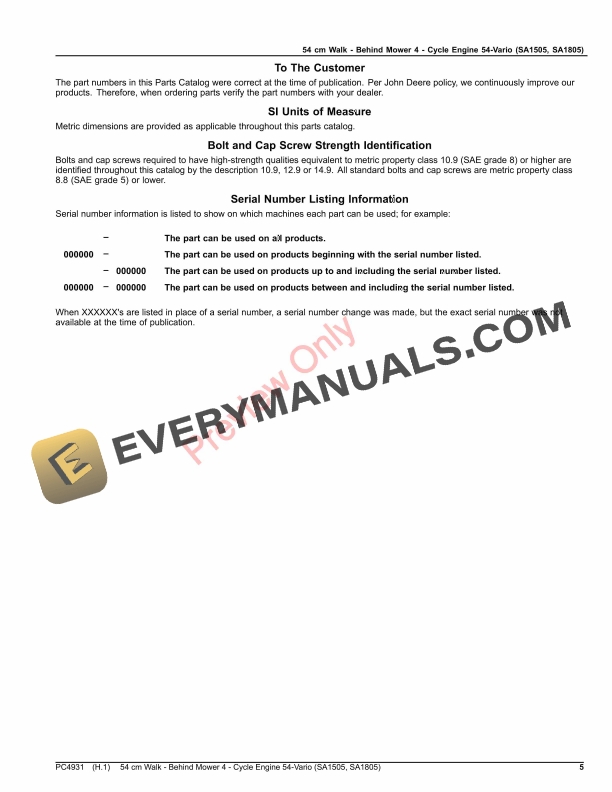 John Deere 54 cm Walk - Behind Mower 4 - Cycle Engine54 Parts Catalog PC4931 05JUL20 6 John Deere 54 cm Walk – Behind Mower 4 – Cycle Engine54 Parts Catalog PC4931 05JUL20-5