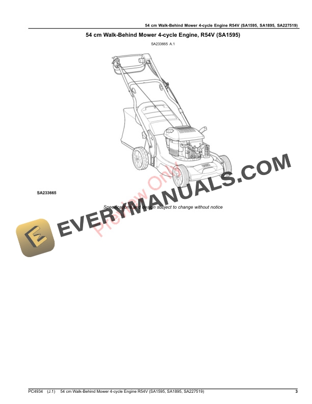 John Deere 54 cm Walk-Behind Mower 4-cycle Engine R54V (SA1595, SA1895, SA227519) Parts Catalog PC4934 30MAR21-3