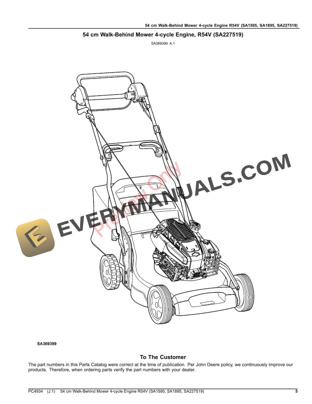 John Deere 54 cm Walk-Behind Mower 4-cycle Engine R54V (SA1595, SA1895, SA227519) Parts Catalog PC4934 30MAR21-5