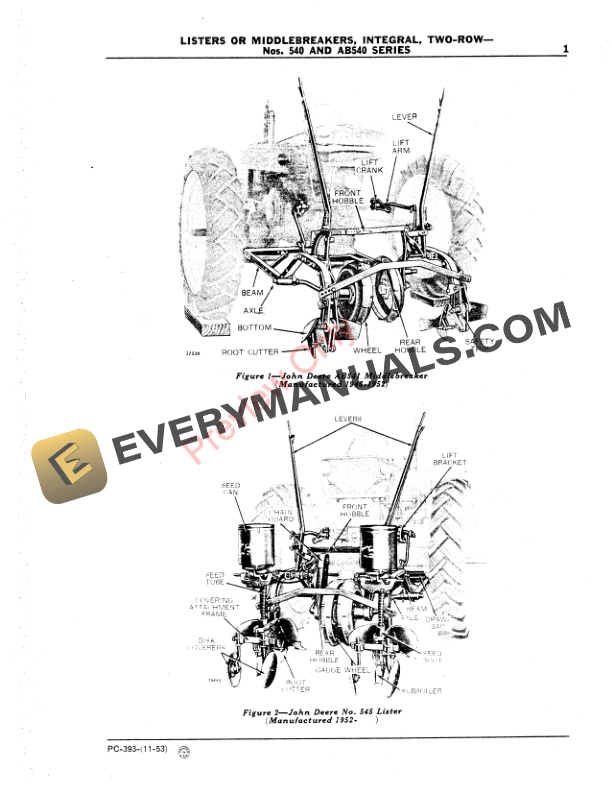John Deere 540 Series Lister, Integral Parts Catalog PC393 01NOV53-3