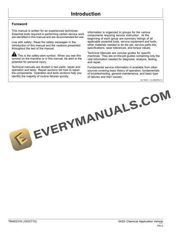 John Deere 5430i Chemical Application Vehicle and Demountable Crop Sprayers Technical Manual TM402319 17APR18 2