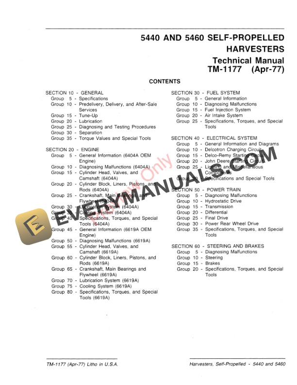 John Deere 5440 5460 Self Propelled Harvesters Technical Manual TM1177 01APR77 3