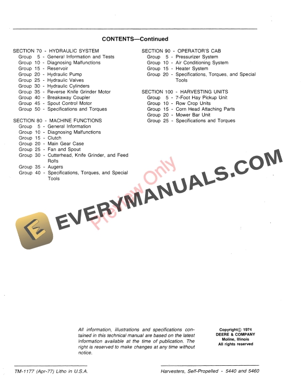 John Deere 5440 5460 Self Propelled Harvesters Technical Manual TM1177 01APR77 4