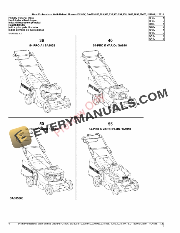 John Deere 54cm Professional Walk-Behind Mowers FJ180V,SA809,SA810,SA909,SA910,SA930,SA933,SA934,SA938,SA100 Parts Catalog PC4515 21MAR23-4