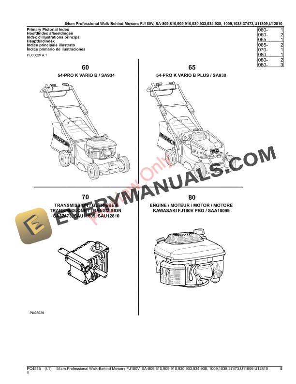 John Deere 54cm Professional Walk-Behind Mowers FJ180V,SA809,SA810,SA909,SA910,SA930,SA933,SA934,SA938,SA100 Parts Catalog PC4515 21MAR23-5